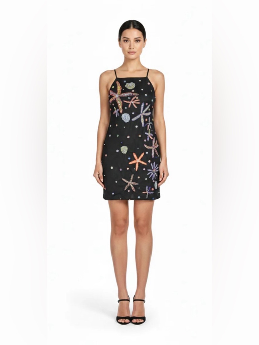 America & Beyond Black Beaded Mini Dress with Multicolor Starfish Embellishments